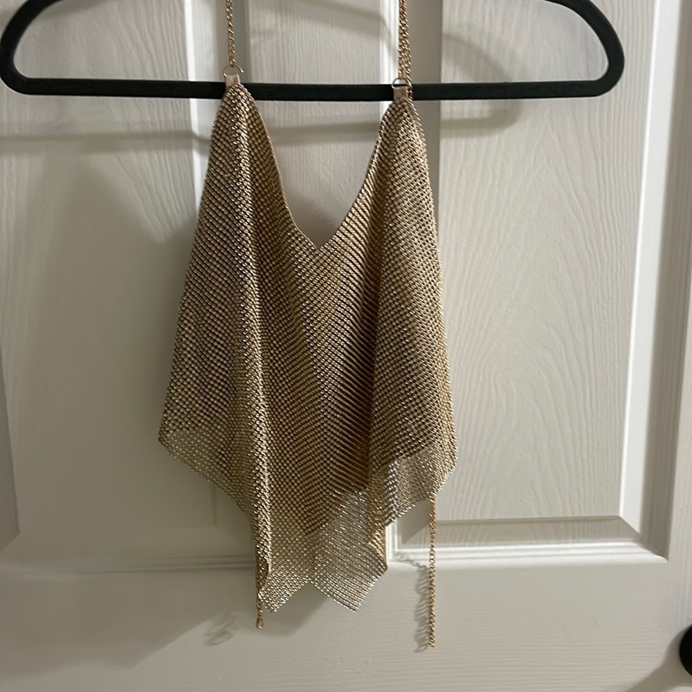 Jeweled gold chain top backless halter crop top with chain neck & back straps